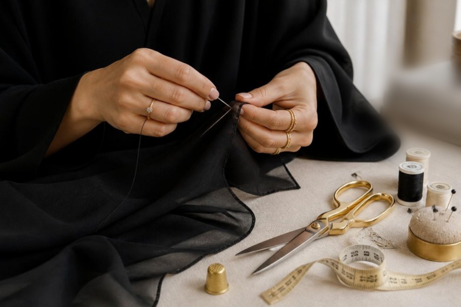 A woman's hands, with fine gold rings, hand-stitching a black sheila beside gold tailoring scissors and thread